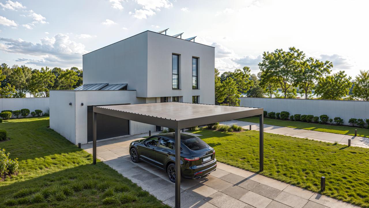 Ruhige Silhouette der Überdachung neben einem weißen Wohnhaus