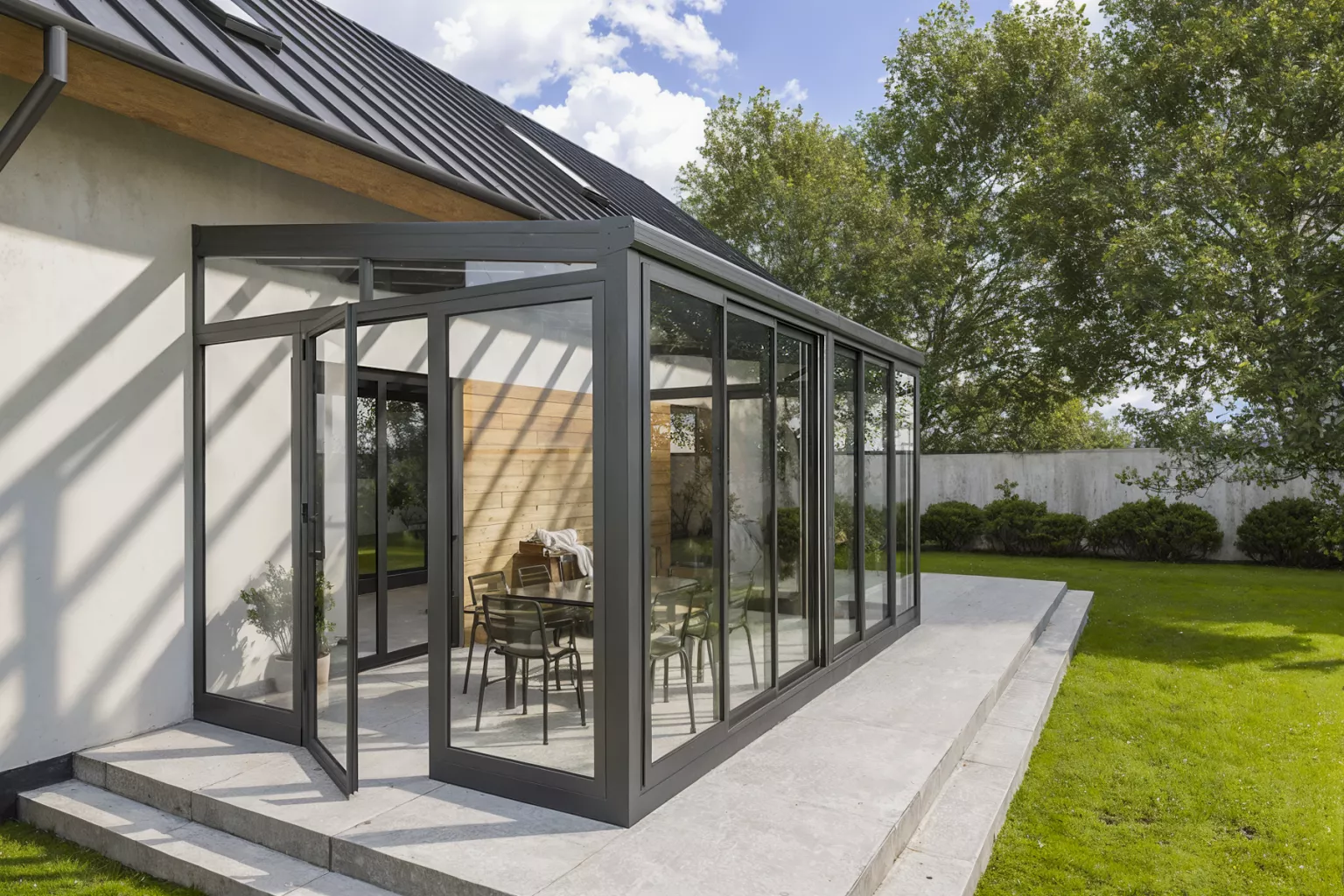 Kaltwintergarten aus Aluminium mit Glasschiebeelementen an einer Terrasse mit Rasenfläche
