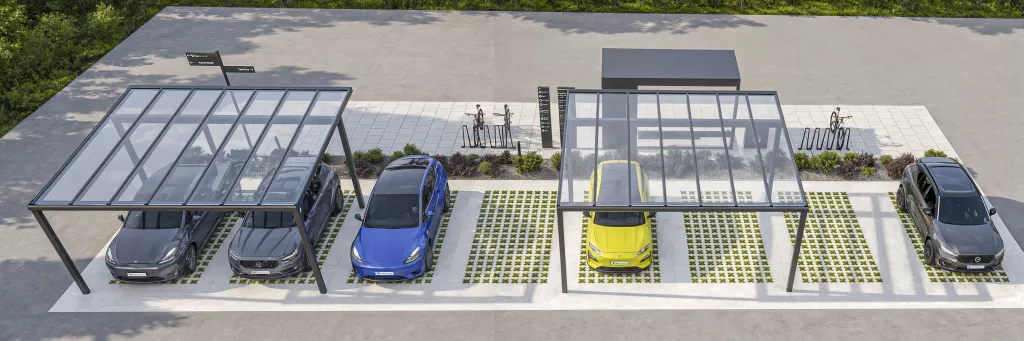 Carport-Anlage aus Aluminium mit durchgehender Dachfläche