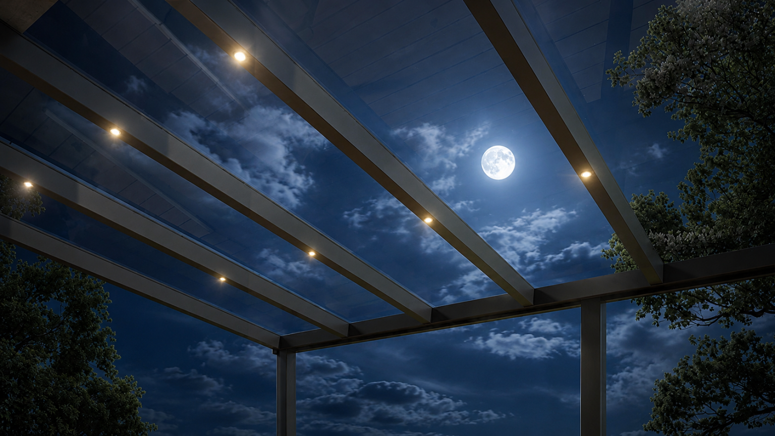 Terrassenüberdachung aus Aluminium mit Glasdach und LED-Beleuchtung am Abend