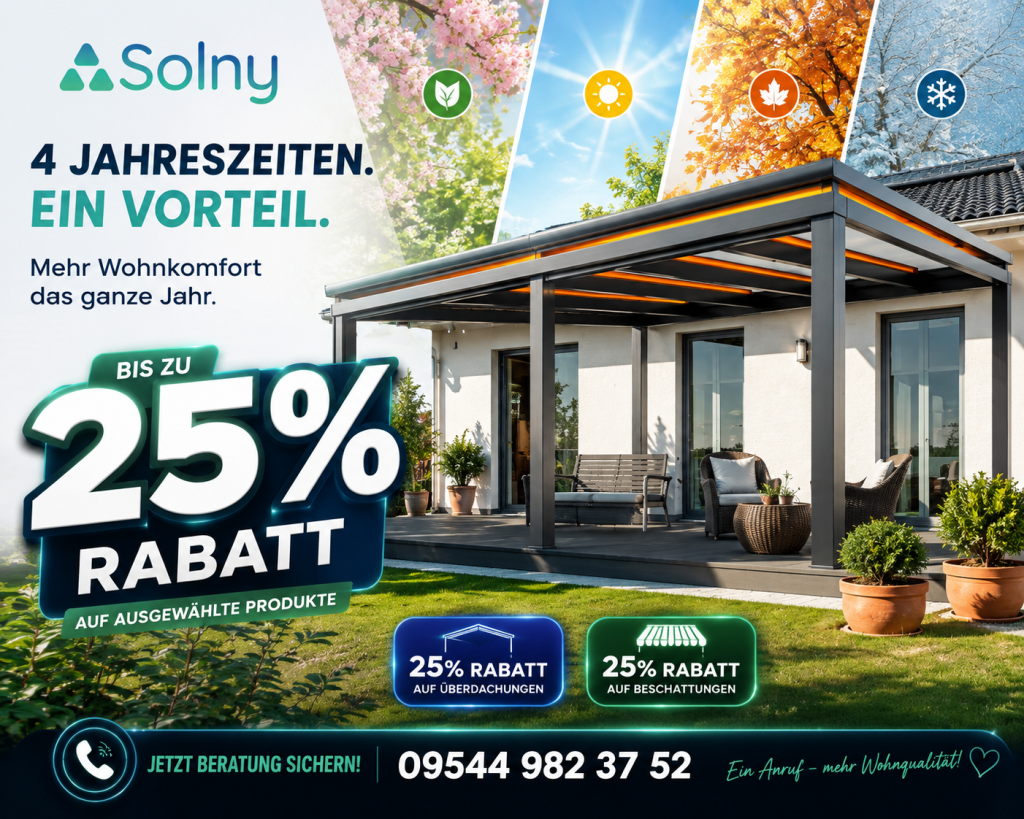 Bis zu 25 % Rabatt auf Überdachungen und Beschattungen bei SOLNY