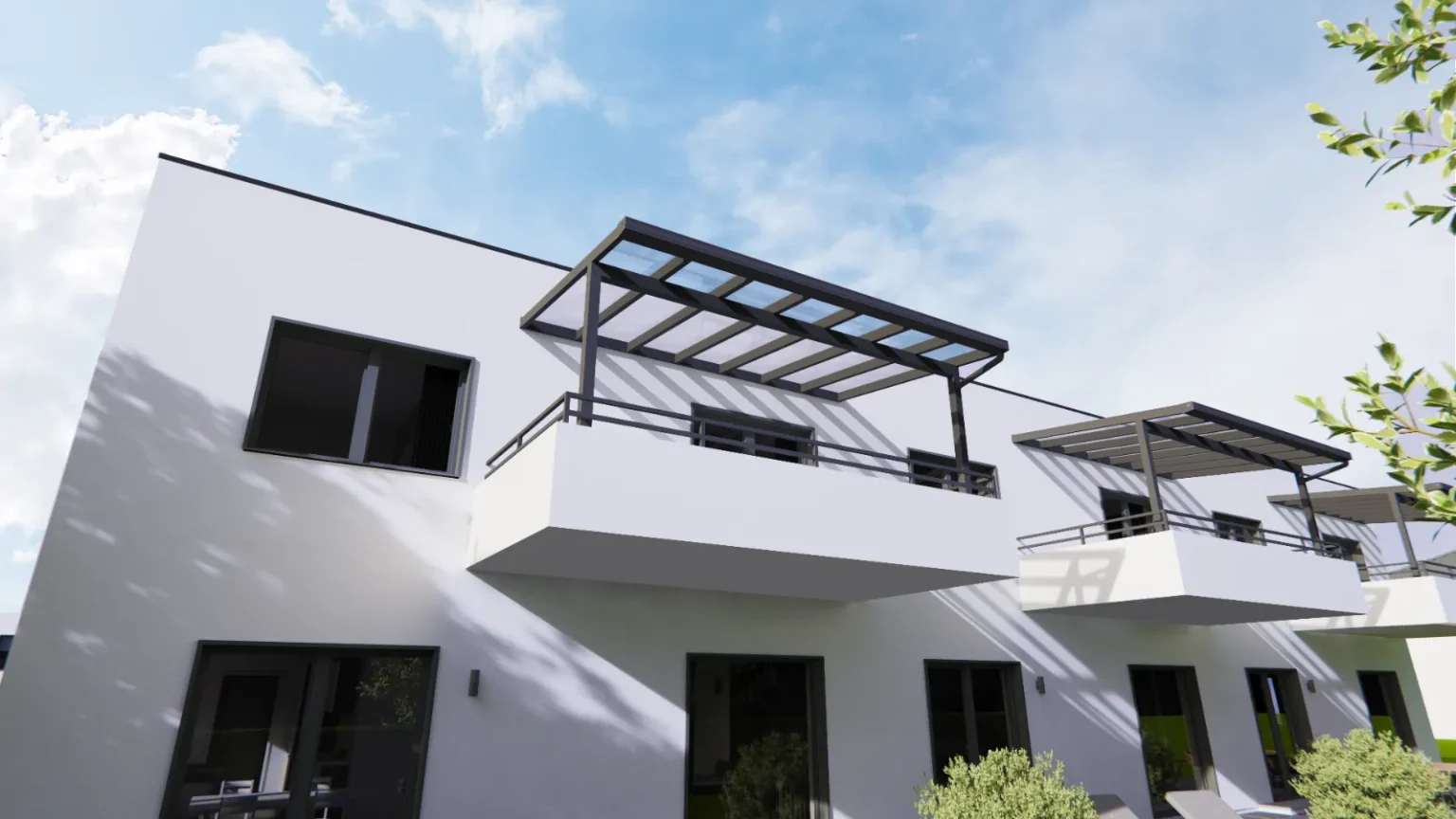 Balkonüberdachung aus Aluminium mit Glasdach auf einem Obergeschoss-Balkon