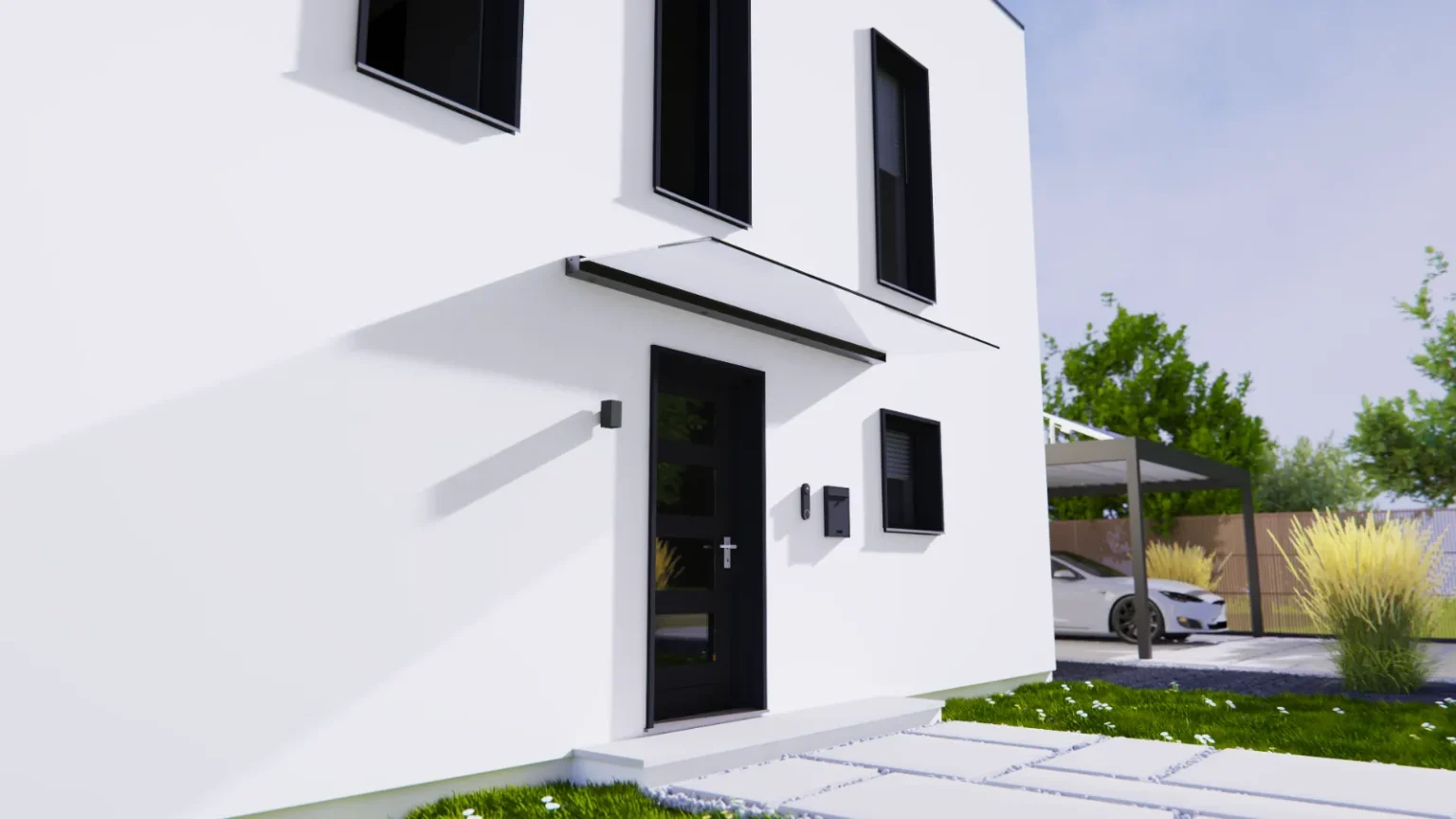 Vordach aus Glas und Aluminium über einer dunklen Haustür an einem modernen Wohnhaus