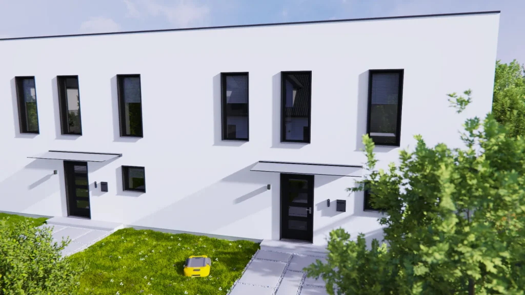 Mehrere Vordächer aus Aluminium und Glas an den Eingängen einer Reihenhauszeile